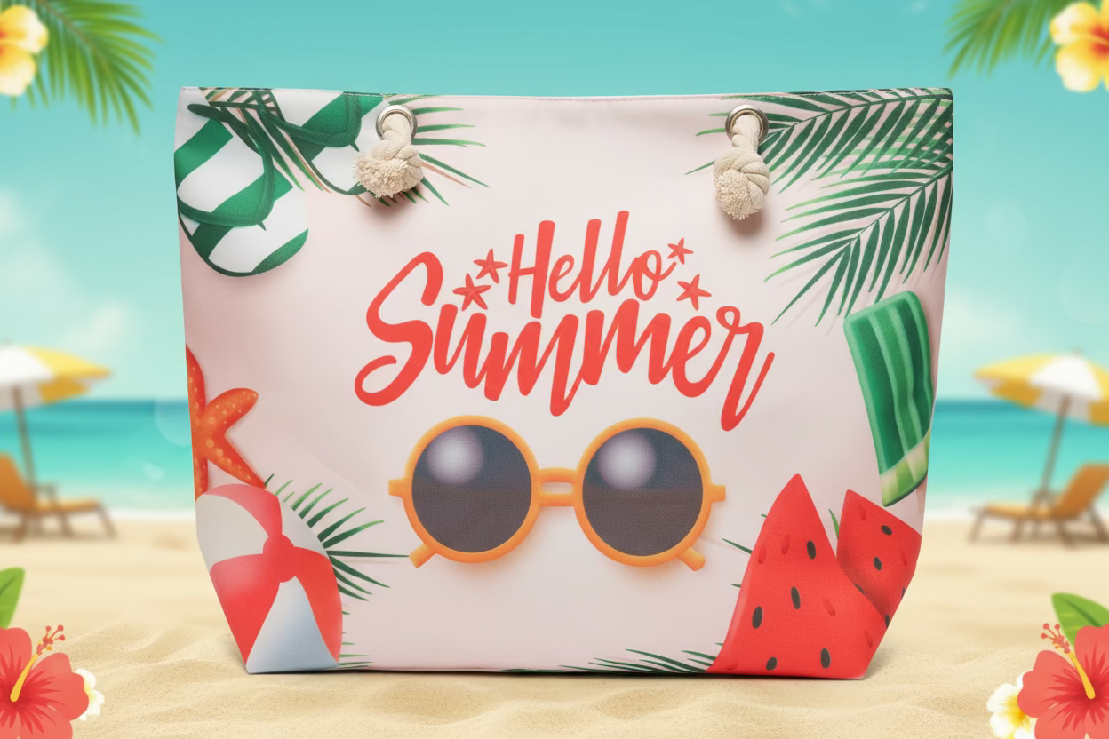 Bag with 'Hello Summer' text, sunglasses, and tropical designs