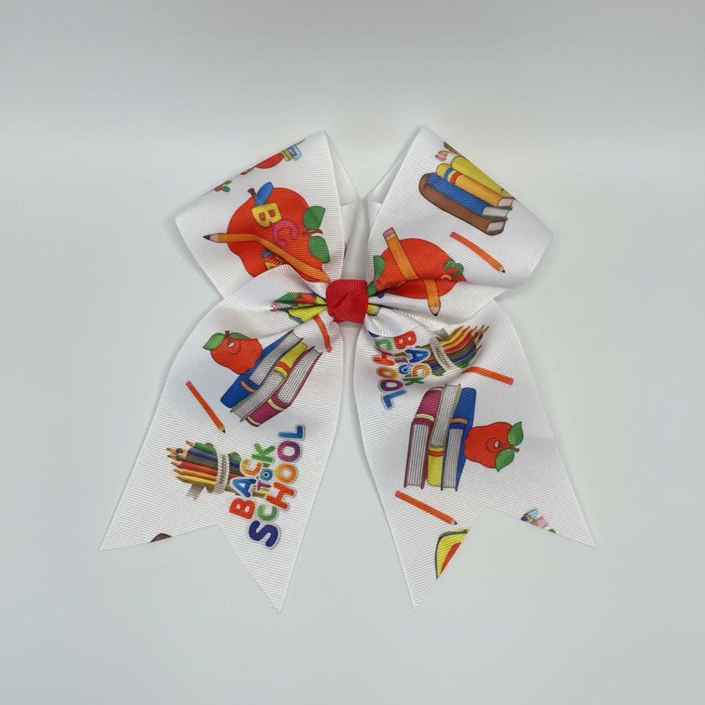 A white grosgrain ribbon hair bow with a colorful 'Back to School' print featuring red apples, pencils, books, and a red center knot, displayed on a white faux fur background.