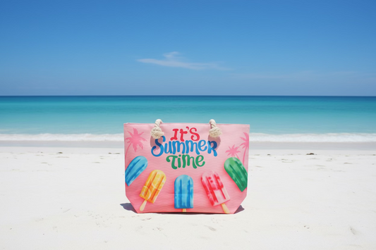 Pink bag with 'It's Summer Time' text and colorful popsicles