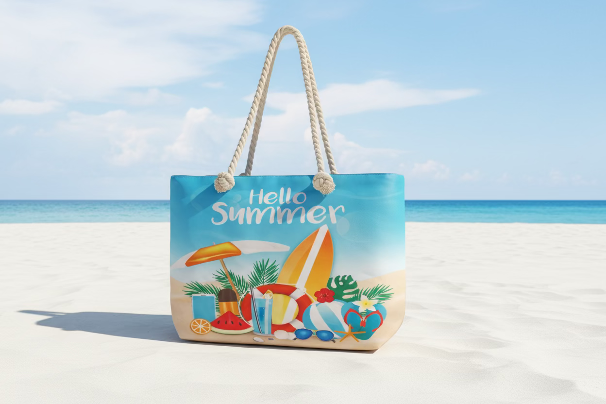 Tote bag with 'Hello Summer' text and beach-themed graphics