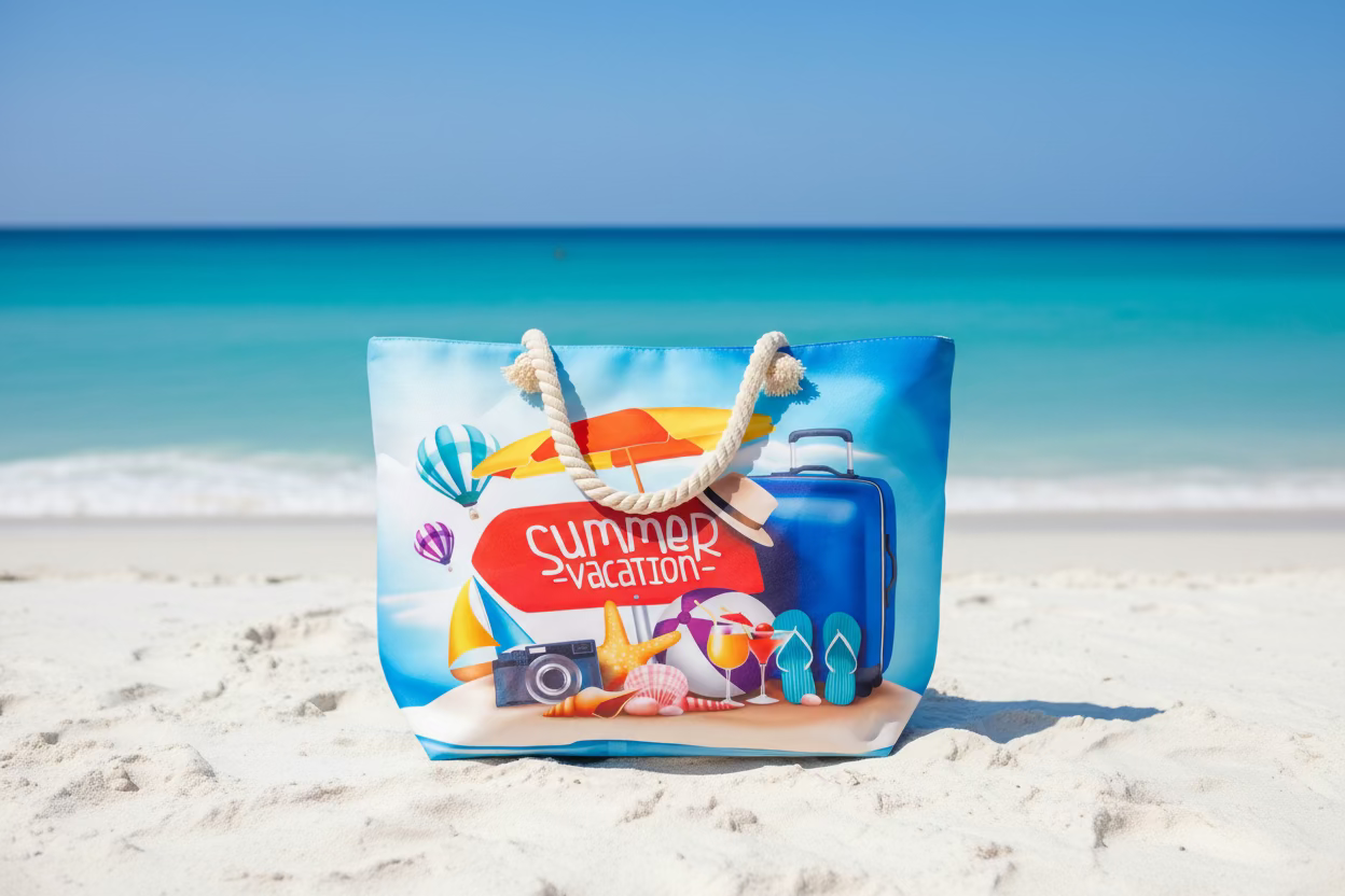 Beach bag with summer vacation design featuring a suitcase, umbrella, and beach items.