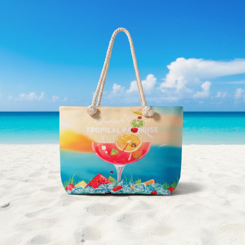Tote bag with tropical paradise design featuring a drink and fruits