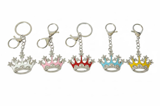 Five silver crown-shaped keychain charms with rhinestone trim, each in a different color (white, pink, red, light blue, yellow)