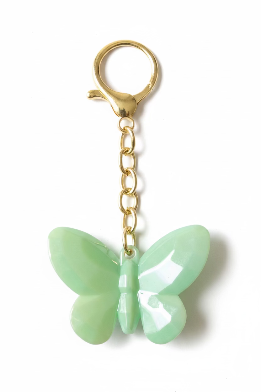 A green glossy butterfly-shaped keychain with a gold-tone metal clasp and split key ring, shown on a black textured background.