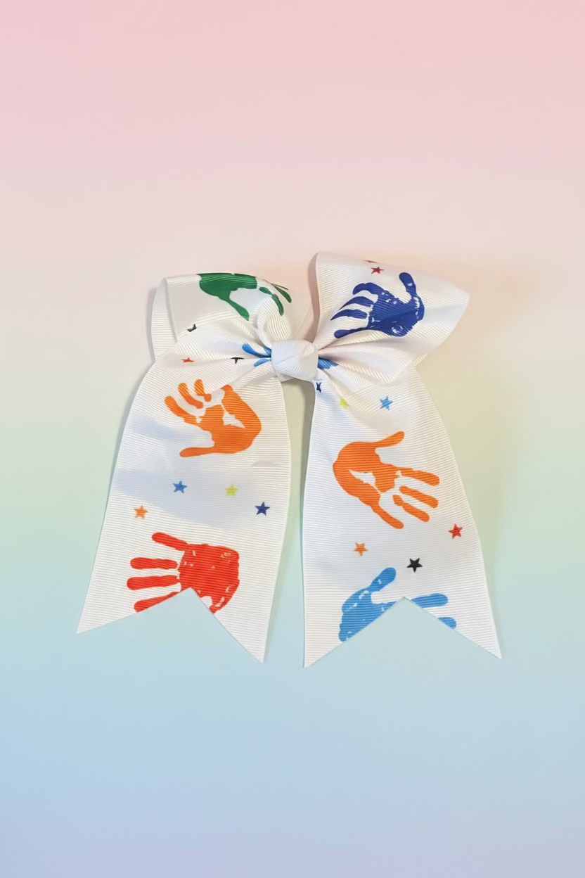A white grosgrain ribbon hair bow featuring colorful handprint and star patterns, displayed on a white faux fur background.