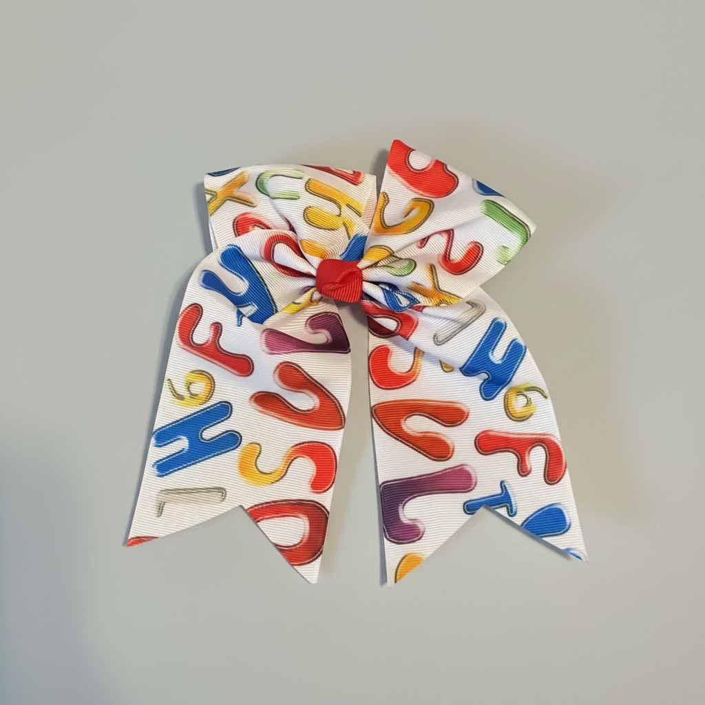 A white fabric hair bow printed with colorful alphabet letters in red, blue, yellow, green, and purple, finished with a small red center accent, displayed on a white faux fur background.