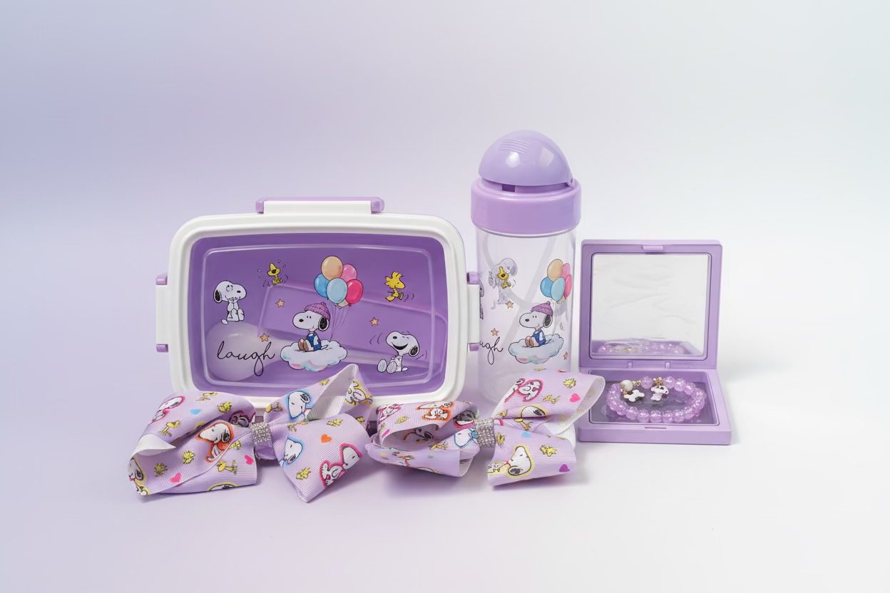 A coordinated pastel purple and pink Snoopy-themed accessory set including a lunchbox, tumbler, bracelet, and two fabric hair bows with cartoon prints.