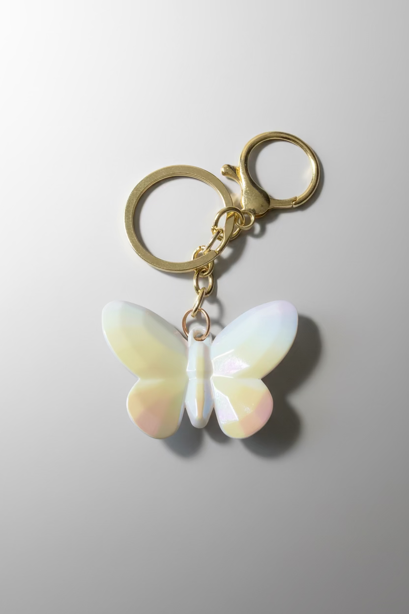 A gold-tone metal keychain with a butterfly-shaped charm featuring an iridescent, pearlescent finish that shifts between white, pale yellow, and soft pink, resting on a black textured surface.